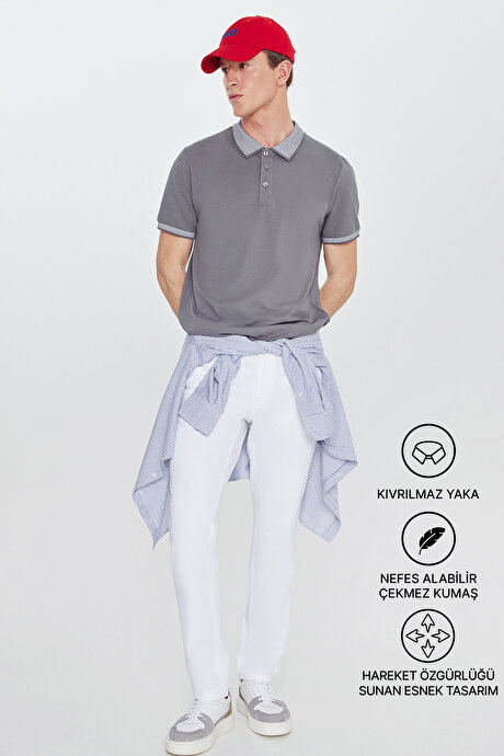 Slim Fit Dar Kesim Kıvrılmaz Polo Yaka Kısa Kollu Gri-Gri Tişört resmi