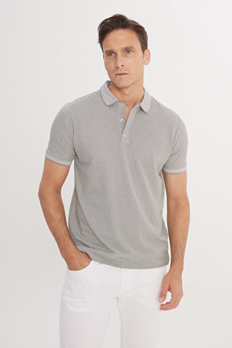 Slim Fit Dar Kesim Kıvrılmaz Polo Yaka Kısa Kollu Gri Tişört resmi