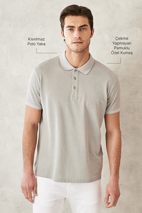 Slim Fit Dar Kesim Kıvrılmaz Polo Yaka Kısa Kollu Gri Tişört resmi