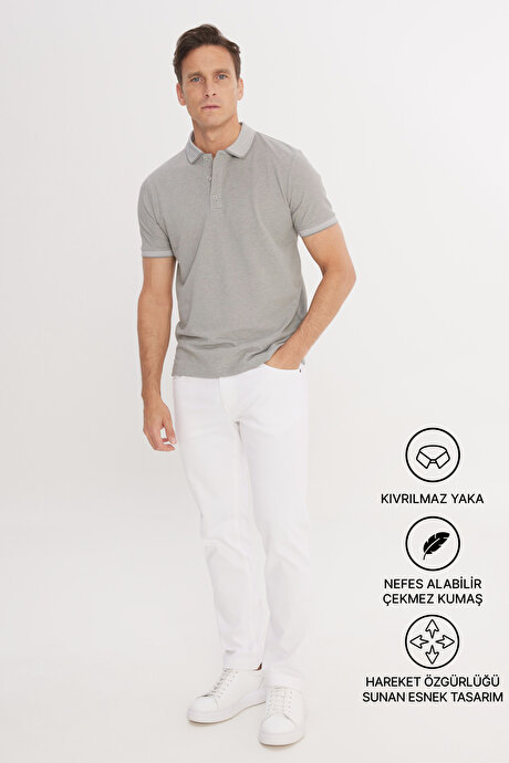 Slim Fit Dar Kesim Kıvrılmaz Polo Yaka Kısa Kollu Gri Tişört resmi