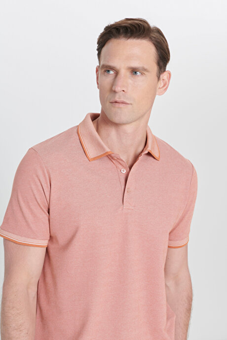 Slim Fit Dar Kesim Kıvrılmaz Polo Yaka Kısa Kollu Kiremit-Bej Tişört resmi