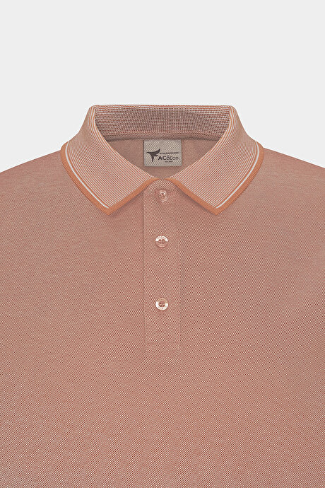 Slim Fit Dar Kesim Kıvrılmaz Polo Yaka Kısa Kollu Kiremit-Bej Tişört resmi