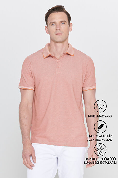 Slim Fit Dar Kesim Kıvrılmaz Polo Yaka Kısa Kollu Kiremit-Bej Tişört resmi
