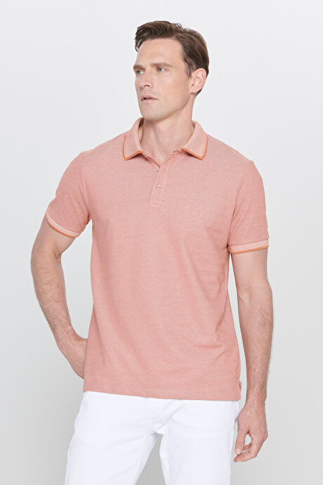 Slim Fit Dar Kesim Kıvrılmaz Polo Yaka Kısa Kollu Kiremit-Bej Tişört resmi