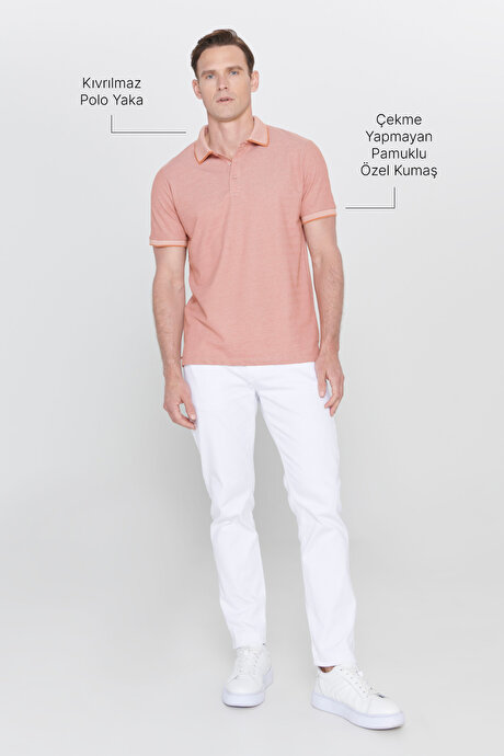 Slim Fit Dar Kesim Kıvrılmaz Polo Yaka Kısa Kollu Kiremit-Bej Tişört resmi