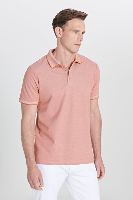 Slim Fit Dar Kesim Kıvrılmaz Polo Yaka Kısa Kollu Kiremit-Bej Tişört resmi
