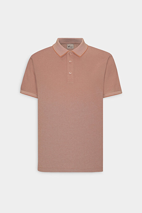 Slim Fit Dar Kesim Kıvrılmaz Polo Yaka Kısa Kollu Kiremit-Bej Tişört resmi