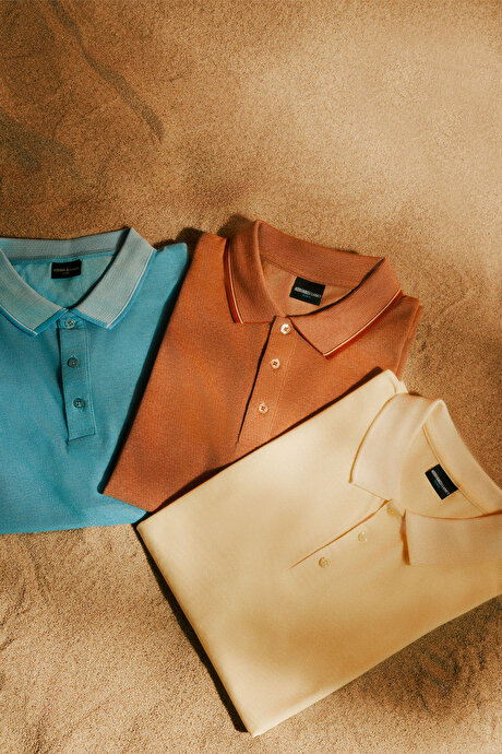 Slim Fit Dar Kesim Kıvrılmaz Polo Yaka Kısa Kollu Kiremit-Bej Tişört resmi