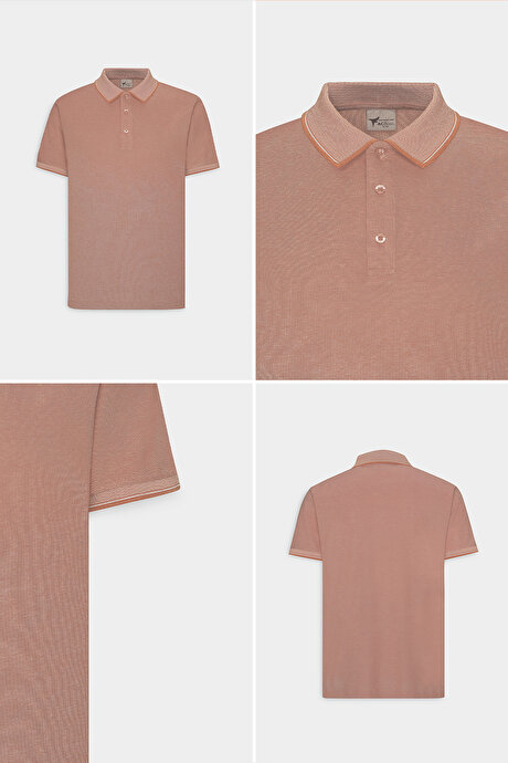 Slim Fit Dar Kesim Kıvrılmaz Polo Yaka Kısa Kollu Kiremit-Bej Tişört resmi
