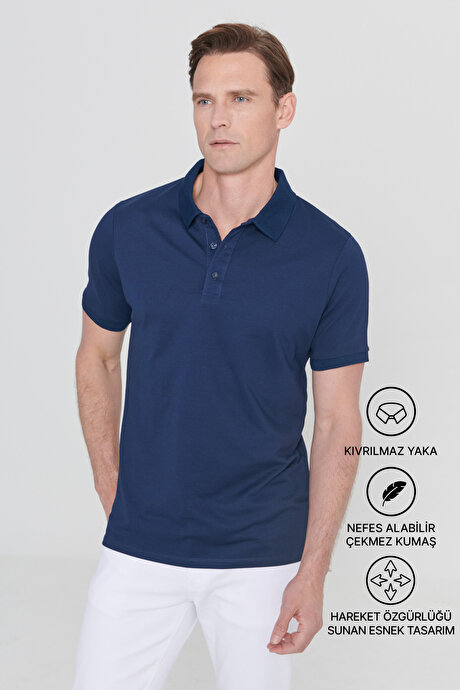 Slim Fit Dar Kesim Kıvrılmaz Polo Yaka Kısa Kollu Lacivert Tişört resmi