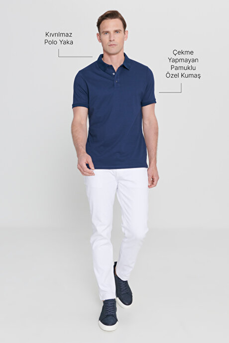 Slim Fit Dar Kesim Kıvrılmaz Polo Yaka Kısa Kollu Lacivert Tişört resmi