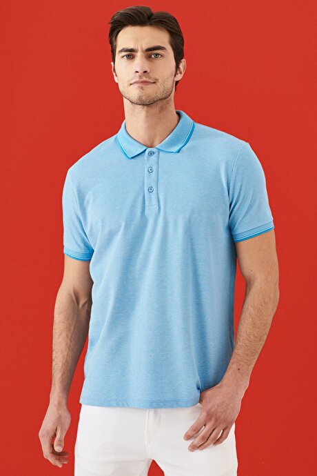 Düğmeli Polo Yaka Cepsiz Slim Fit Dar Kesim Düz Mavi Tişört resmi