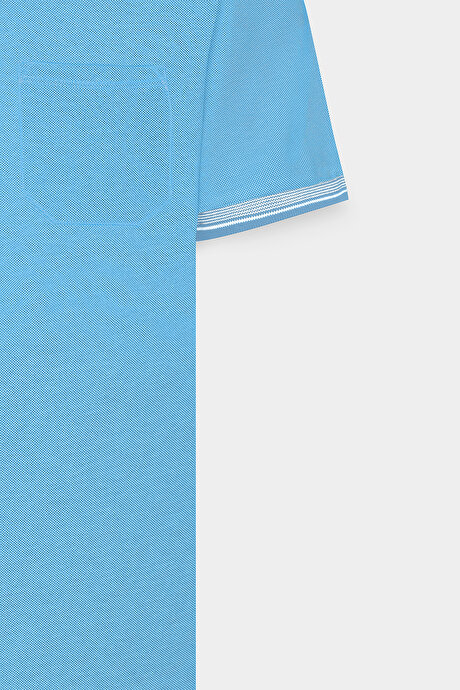 Slim Fit Dar Kesim Kıvrılmaz Polo Yaka Kısa Kollu Mavi Tişört resmi