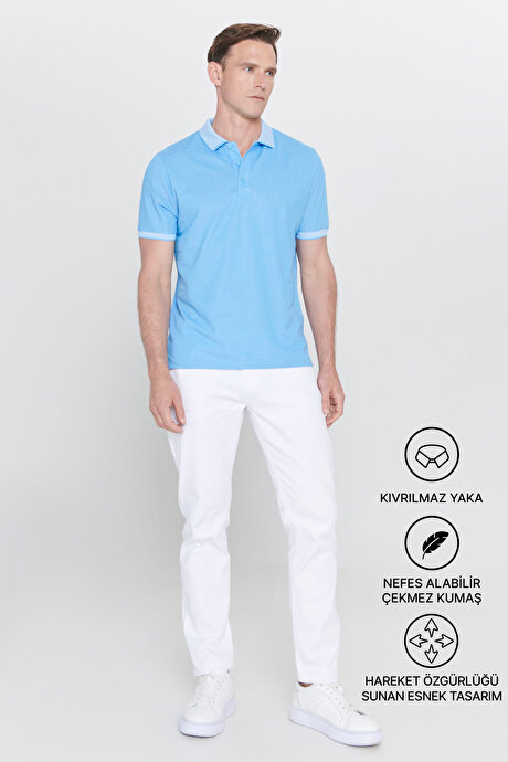 Slim Fit Dar Kesim Kıvrılmaz Polo Yaka Kısa Kollu Mavi Tişört resmi