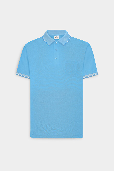 Slim Fit Dar Kesim Kıvrılmaz Polo Yaka Kısa Kollu Mavi Tişört resmi