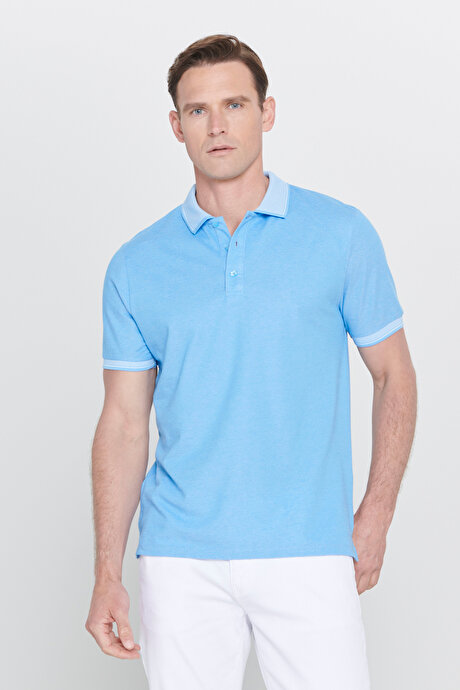 Slim Fit Dar Kesim Kıvrılmaz Polo Yaka Kısa Kollu Mavi Tişört resmi