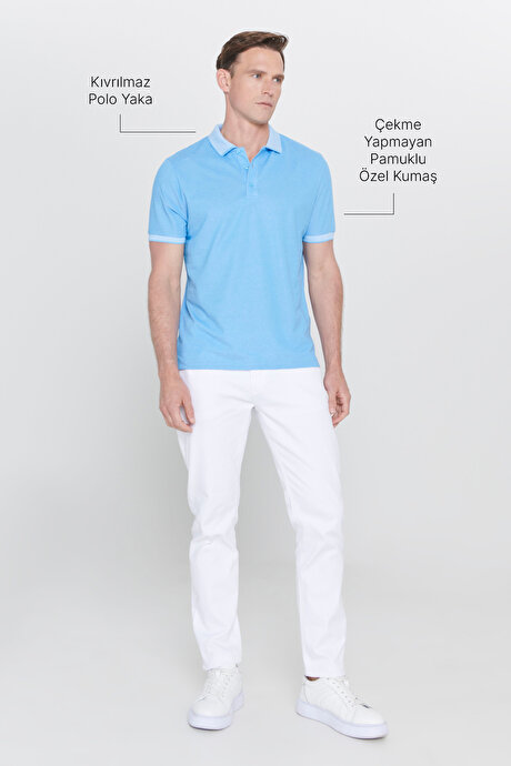 Slim Fit Dar Kesim Kıvrılmaz Polo Yaka Kısa Kollu Mavi Tişört resmi