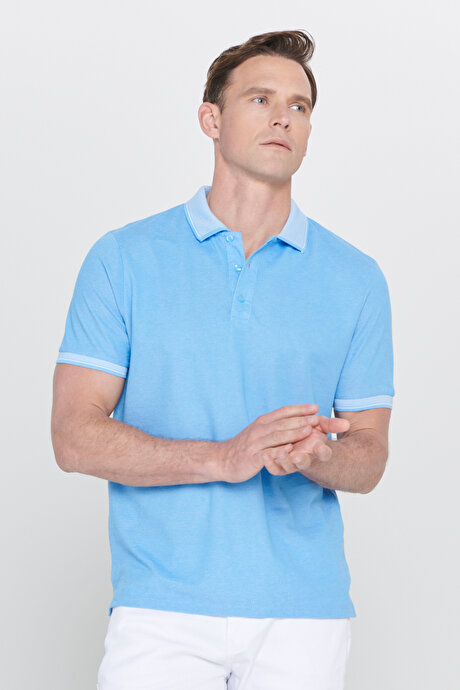 Slim Fit Dar Kesim Kıvrılmaz Polo Yaka Kısa Kollu Mavi Tişört resmi