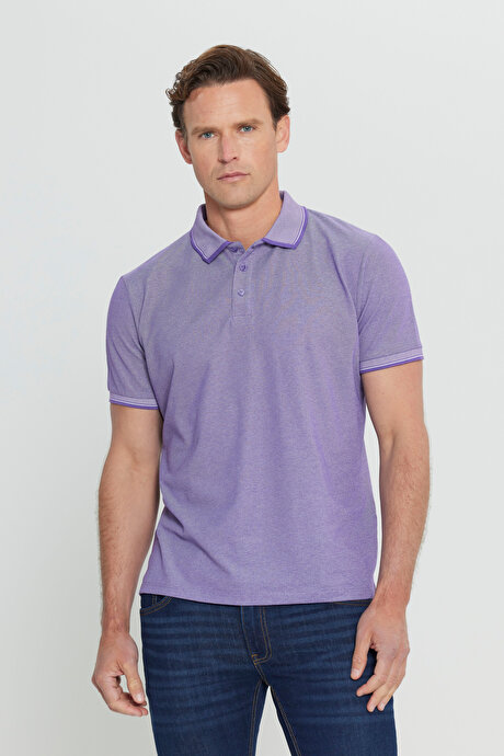 Slim Fit Dar Kesim Kıvrılmaz Polo Yaka Kısa Kollu Mor-Beyaz Tişört resmi