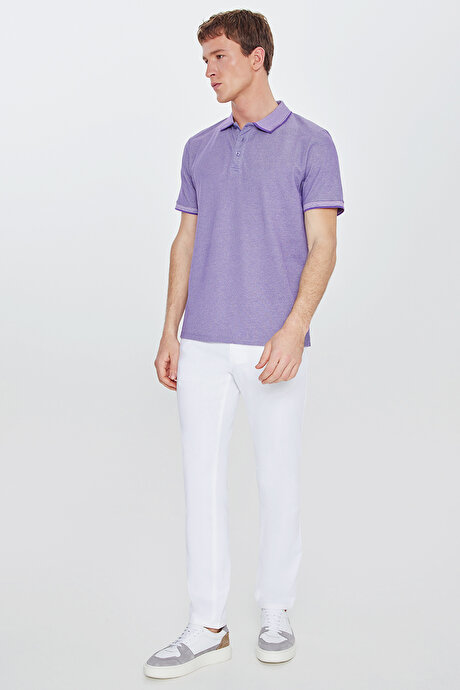 Slim Fit Dar Kesim Kıvrılmaz Polo Yaka Kısa Kollu Mor-Beyaz Tişört resmi
