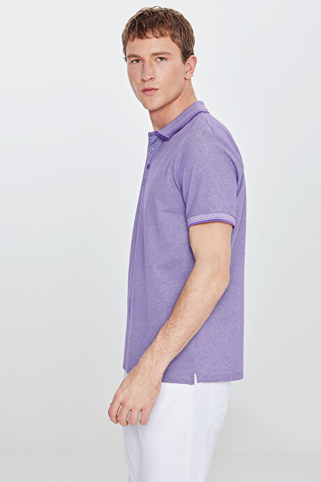 Slim Fit Dar Kesim Kıvrılmaz Polo Yaka Kısa Kollu Mor-Beyaz Tişört resmi