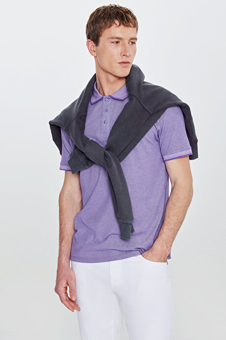 Slim Fit Dar Kesim Kıvrılmaz Polo Yaka Kısa Kollu Mor-Beyaz Tişört resmi