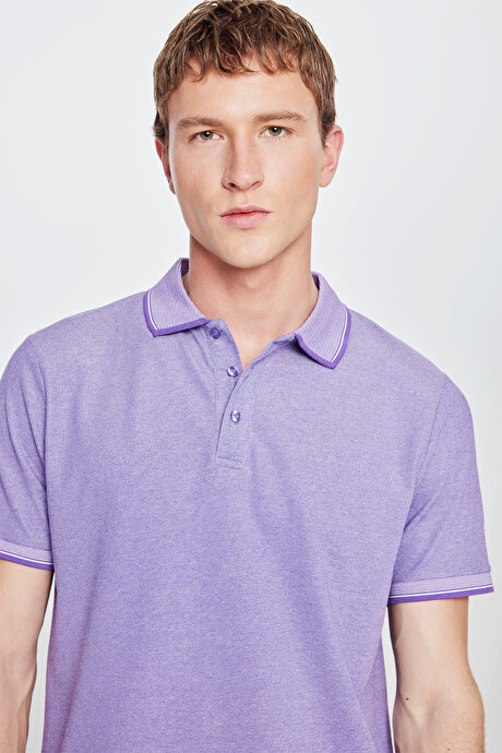 Slim Fit Dar Kesim Kıvrılmaz Polo Yaka Kısa Kollu Mor-Beyaz Tişört resmi