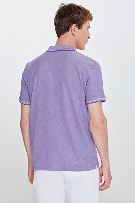 Slim Fit Dar Kesim Kıvrılmaz Polo Yaka Kısa Kollu Mor-Beyaz Tişört resmi