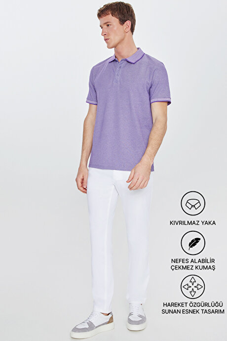 Slim Fit Dar Kesim Kıvrılmaz Polo Yaka Kısa Kollu Mor-Beyaz Tişört resmi