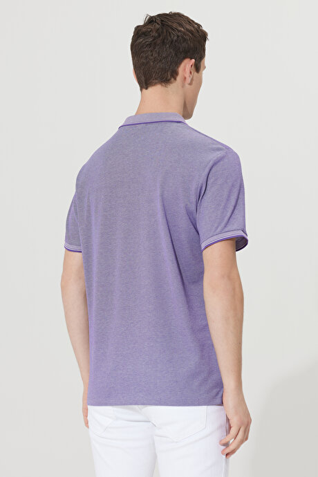 Slim Fit Dar Kesim Kıvrılmaz Polo Yaka Kısa Kollu Mor-Beyaz Tişört resmi
