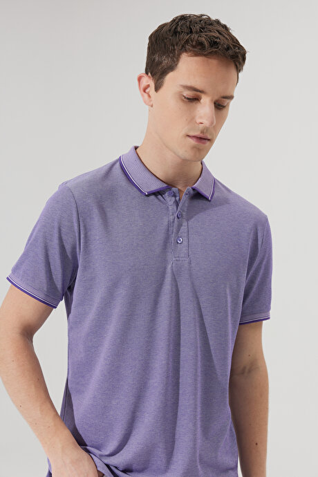 Slim Fit Dar Kesim Kıvrılmaz Polo Yaka Kısa Kollu Mor-Beyaz Tişört resmi