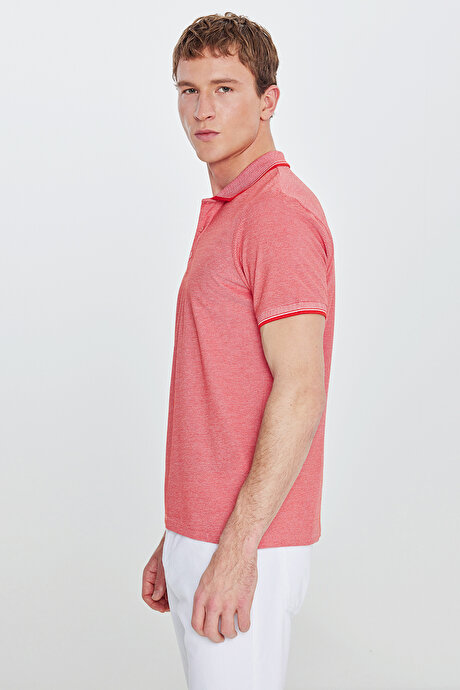 Slim Fit Dar Kesim Kıvrılmaz Polo Yaka Kısa Kollu Nar Çiçeği-Beyaz Tişört resmi