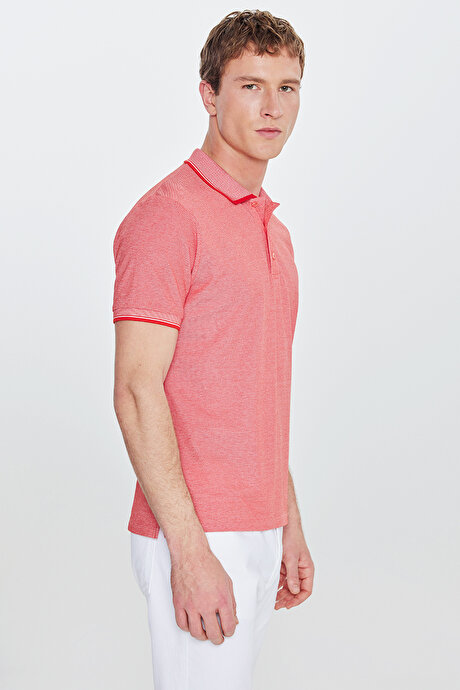 Slim Fit Dar Kesim Kıvrılmaz Polo Yaka Kısa Kollu Nar Çiçeği-Beyaz Tişört resmi