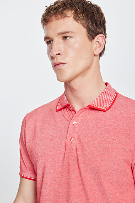 Slim Fit Dar Kesim Kıvrılmaz Polo Yaka Kısa Kollu Nar Çiçeği-Beyaz Tişört resmi