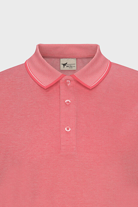 Slim Fit Dar Kesim Kıvrılmaz Polo Yaka Kısa Kollu Nar Çiçeği-Beyaz Tişört resmi