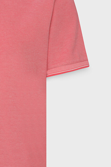 Slim Fit Dar Kesim Kıvrılmaz Polo Yaka Kısa Kollu Nar Çiçeği-Beyaz Tişört resmi