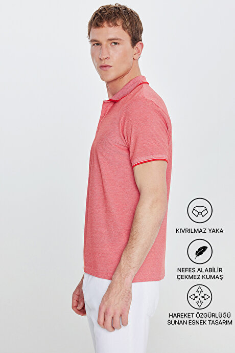 Slim Fit Dar Kesim Kıvrılmaz Polo Yaka Kısa Kollu Nar Çiçeği-Beyaz Tişört resmi