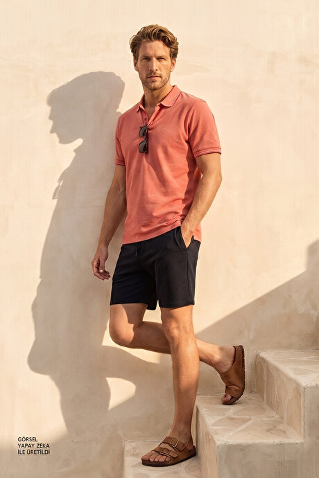 Slim Fit Dar Kesim Kıvrılmaz Polo Yaka Kısa Kollu Nar Çiçeği-Beyaz Tişört resmi