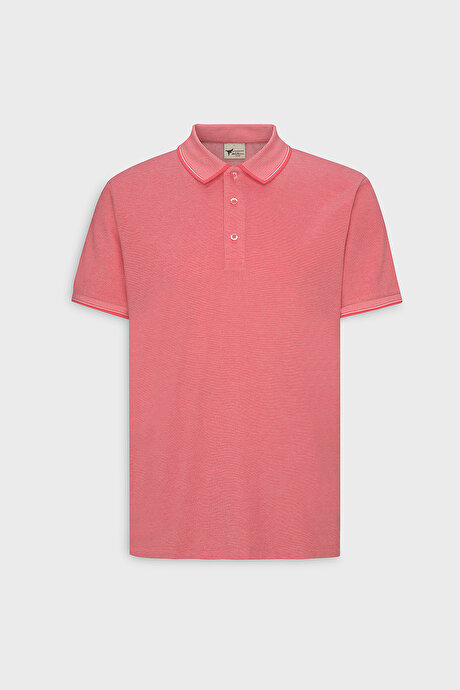 Slim Fit Dar Kesim Kıvrılmaz Polo Yaka Kısa Kollu Nar Çiçeği-Beyaz Tişört resmi