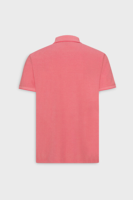 Slim Fit Dar Kesim Kıvrılmaz Polo Yaka Kısa Kollu Nar Çiçeği-Beyaz Tişört resmi