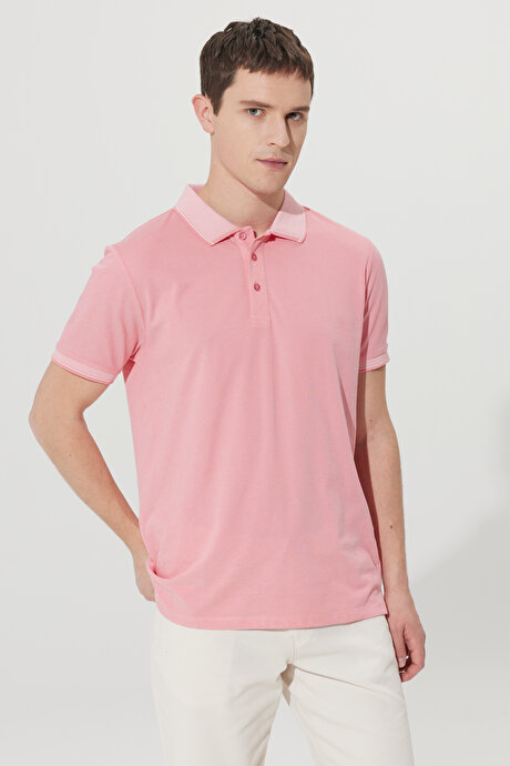 Slim Fit Dar Kesim Kıvrılmaz Polo Yaka Kısa Kollu Pembe Beyaz Tişört resmi