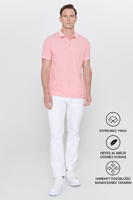 Slim Fit Dar Kesim Kıvrılmaz Polo Yaka Kısa Kollu Pembe Beyaz Tişört resmi
