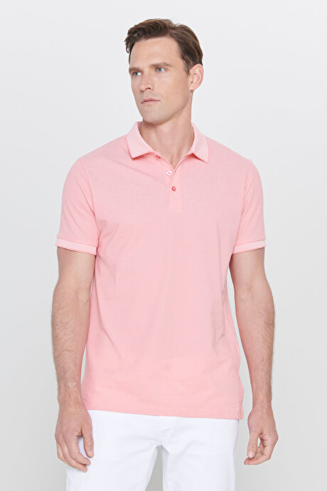 Slim Fit Dar Kesim Kıvrılmaz Polo Yaka Kısa Kollu Pembe Beyaz Tişört resmi