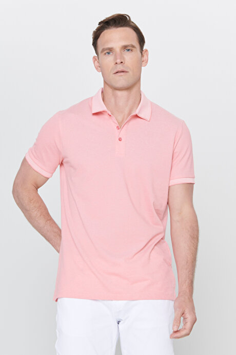 Slim Fit Dar Kesim Kıvrılmaz Polo Yaka Kısa Kollu Pembe Beyaz Tişört resmi
