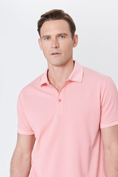 Slim Fit Dar Kesim Kıvrılmaz Polo Yaka Kısa Kollu Pembe Beyaz Tişört resmi