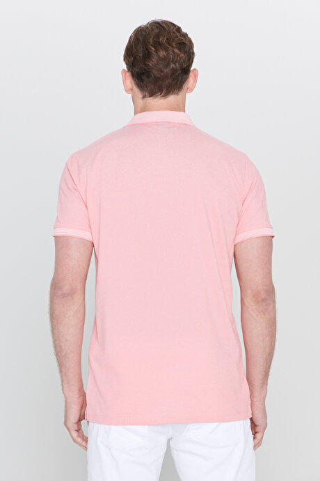 Slim Fit Dar Kesim Kıvrılmaz Polo Yaka Kısa Kollu Pembe Beyaz Tişört resmi