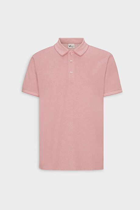 Slim Fit Dar Kesim Kıvrılmaz Polo Yaka Kısa Kollu Pembe Beyaz Tişört resmi