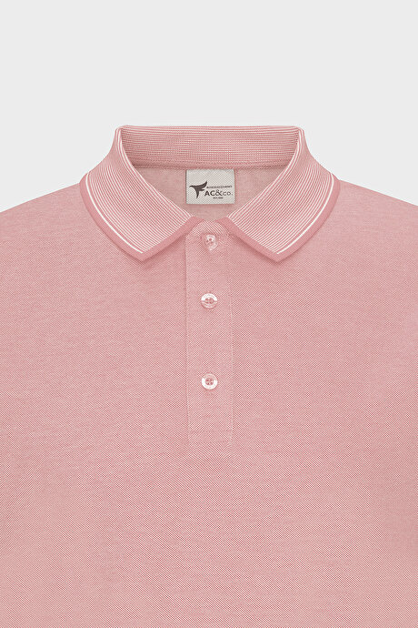 Slim Fit Dar Kesim Kıvrılmaz Polo Yaka Kısa Kollu Pembe Beyaz Tişört resmi