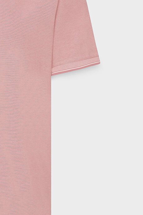 Slim Fit Dar Kesim Kıvrılmaz Polo Yaka Kısa Kollu Pembe Beyaz Tişört resmi