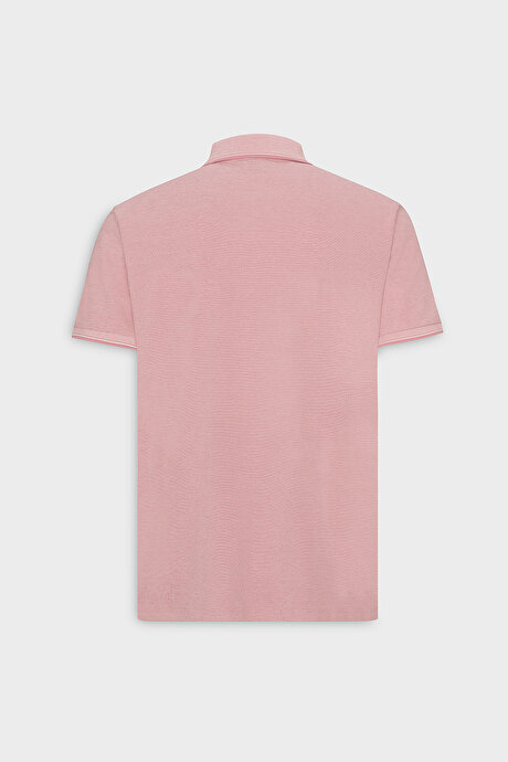Slim Fit Dar Kesim Kıvrılmaz Polo Yaka Kısa Kollu Pembe Beyaz Tişört resmi